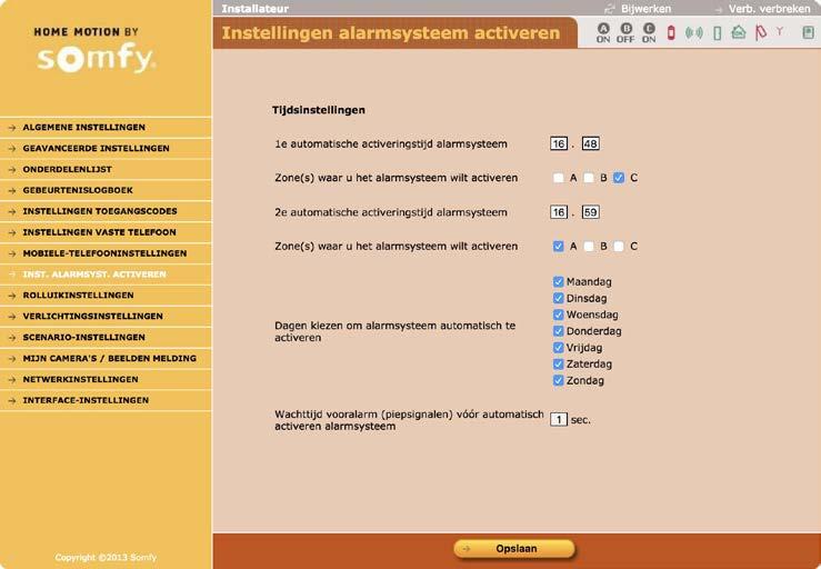 Installatie Alarmsysteem instellen met de computer Instellingen alarmsysteem activeren Om één of twee automatische inschakeltijden te programmeren (bijvoorbeeld: om 8.