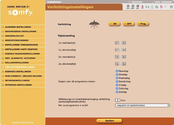 Alarmsysteem instellen met de computer Installatie Verlichtingsinstellingen Om het in- en uitschakelen van de verlichting te programmeren voor aanwezigheidssimulatie.