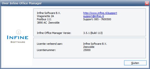 2.2 Bijwerken van bestaande installatie van Infine Office Manager U kunt uw huidige versie van Infine Office Manager als volgt controleren: - Open Infine Office Manager - Ga naar het menu Help ->