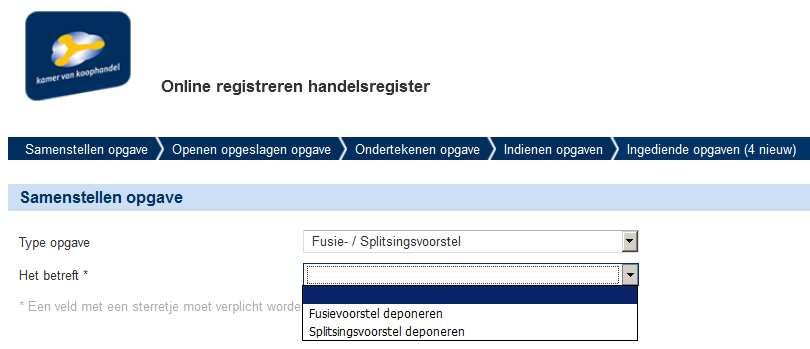 Deponeren fusie- / splitsingsvoorstel Een fusie-/ splitsingsvoorstel kan worden gedeponeerd op de volgende manier: Kies bij samenstellen opgave voor Fusie- / Splitsingsvoorstel en kies voor fusie- of