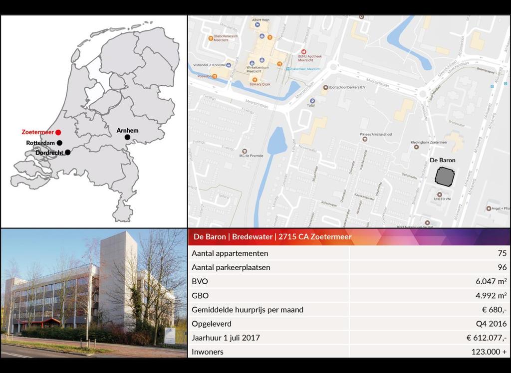 6.3 De Baron te Zoetermeer 6.3.1 Objectomschrijving Het appartementencomplex De Baron in Zoetermeer is gelegen aan Bredewater in Zoetermeer en betreft een voormalig kantoorgebouw dat oorspronkelijk