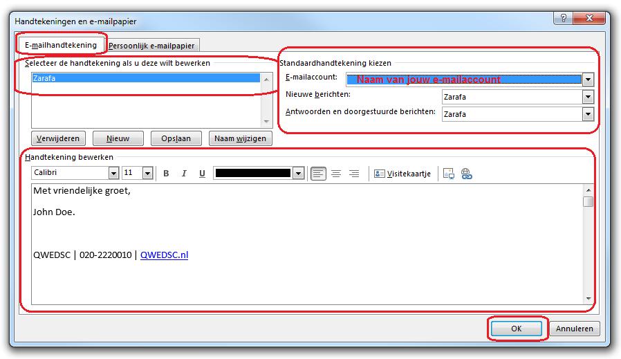 Hoofdstuk 5. Outlook 5. Kies onder "Selecteer handtekening... bewerken" voor de naam die jij jouw handtekening hebt gegeven bij Kopano. 6.