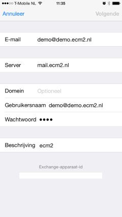 Vul hier het serveradres en de inloggegevens in die je van ons hebt ontvangen (bij het serveradres is dat standaard mail.ecm2.nl). Kies "Volgende".