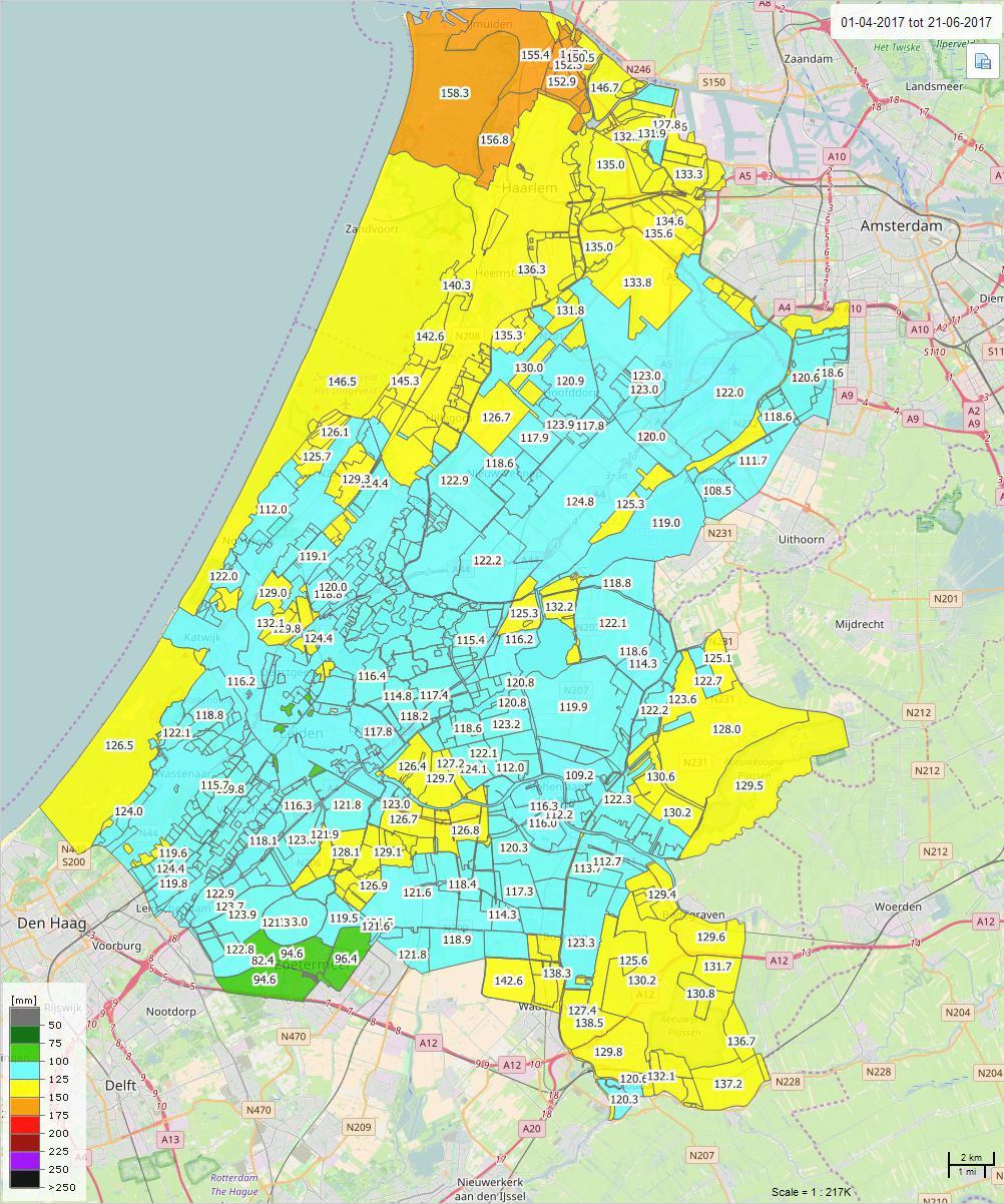 2c. Neerslagtekort per peilvak van 1 april tot 21 juni 2017 (gegevens Hydronet) Het neerslagtekort varieert van circa 120 mm in het midden van het gebied (lichtblauwe vlakken) tot maximaal 158 mm in