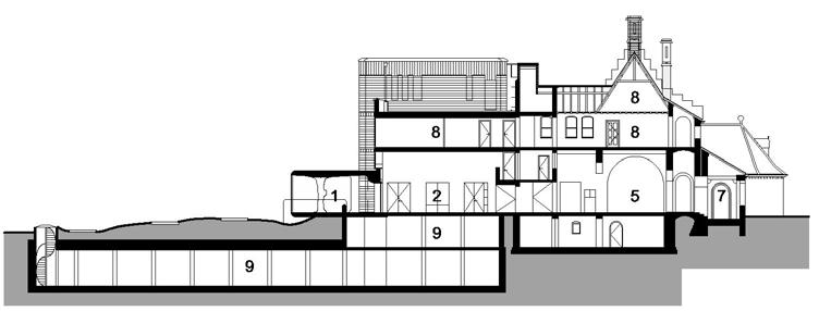 begane grond 1. entree / entrance (2012) 2. receptie / reception (1980) 3. auditorium / auditorium 4. multifunctionele zaal / multifunctional room (1900) 5.