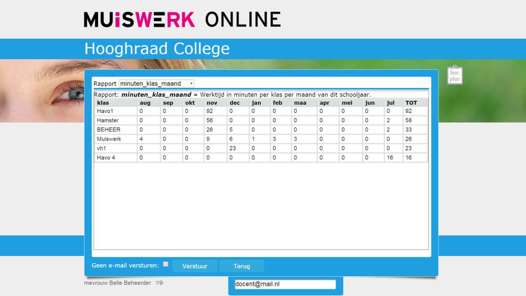 Rapporten voor de beheerdocent De Muiswerk beheerdocent kan in Muiswerk Online verschillende rapporten oproepen, bijvoorbeeld om inzicht te krijgen in het aantal gemaakte oefeningen per maand of het