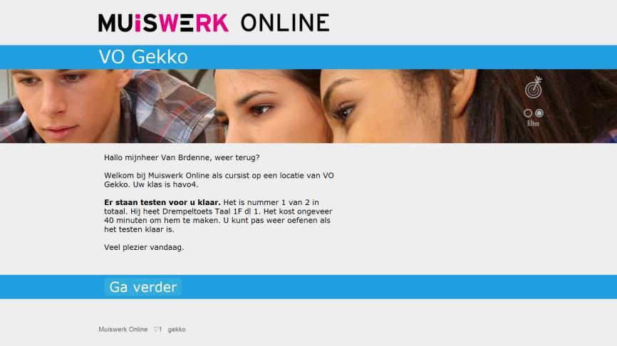 Deelnemers inloggen om te testen Zorg dat iedere deelnemer zijn gebruikersnaam krijgt en het webadres (URL) van de schoolingang op Muiswerk Online.