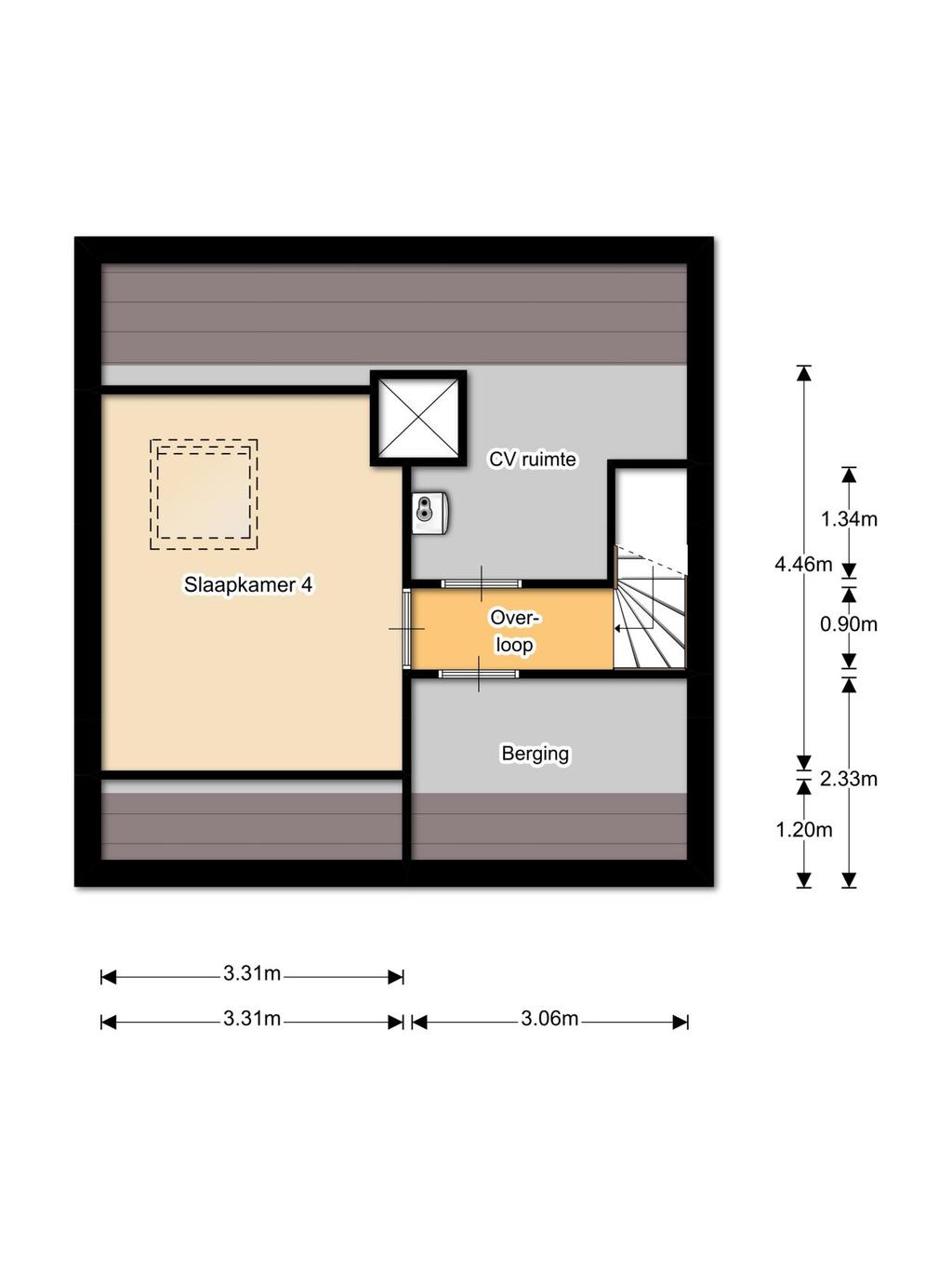 Tweede verdieping Middels een vaste trap is de tweede verdieping bereikbaar. Hier bevindt zich nog een vierde slaapkamer (afmeting 3.31 X 4.50 meter) voorzien van groot Velux dakvenster.