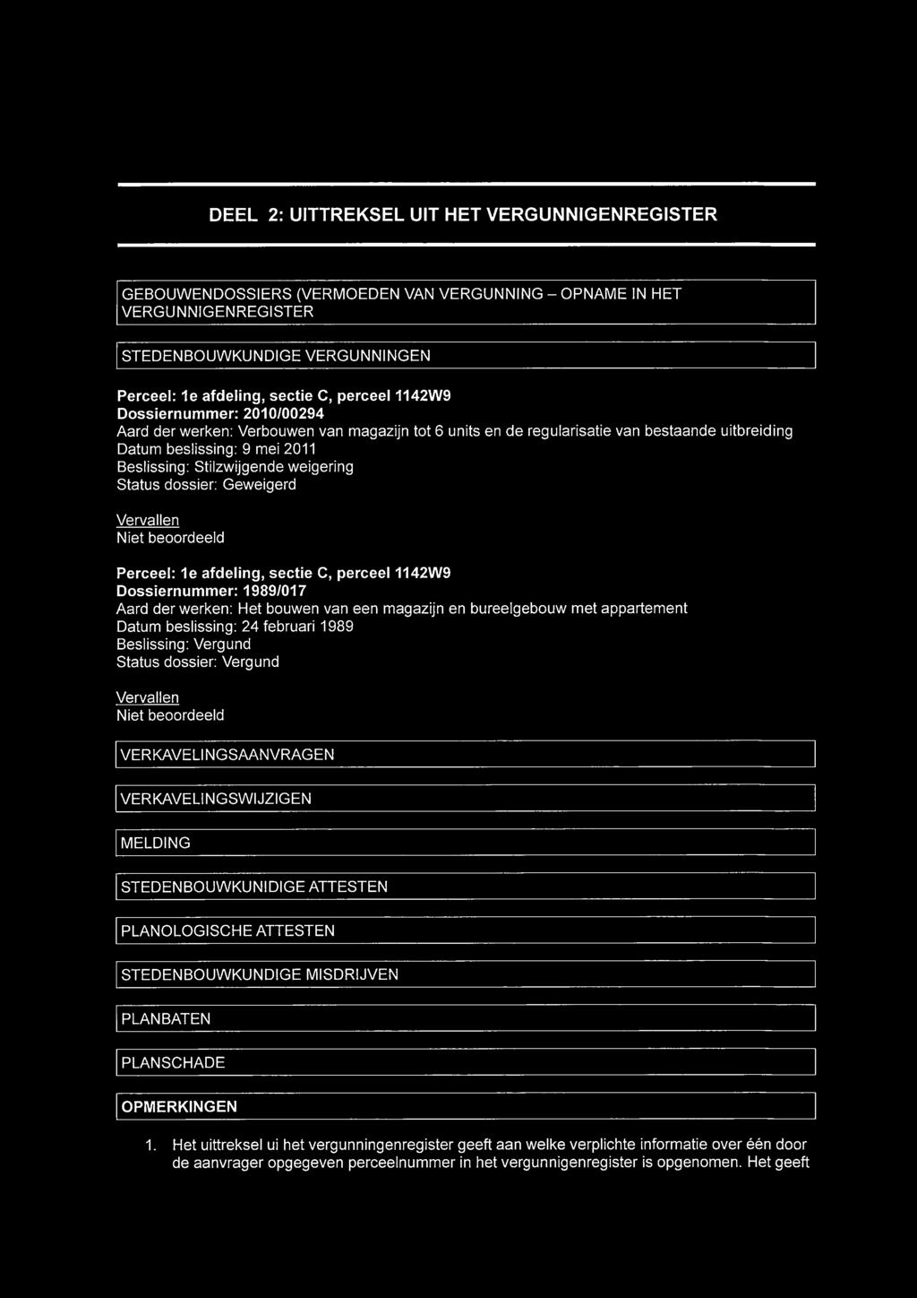 weigering Status dossier: Geweigerd Vervallen Niet beoordeeld Perceel: 1e afdeling, sectie C, perceel1142w9 Dossiernummer: 1989/017 Aard der werken: Het bouwen van een magazijn en bureelgebouw met