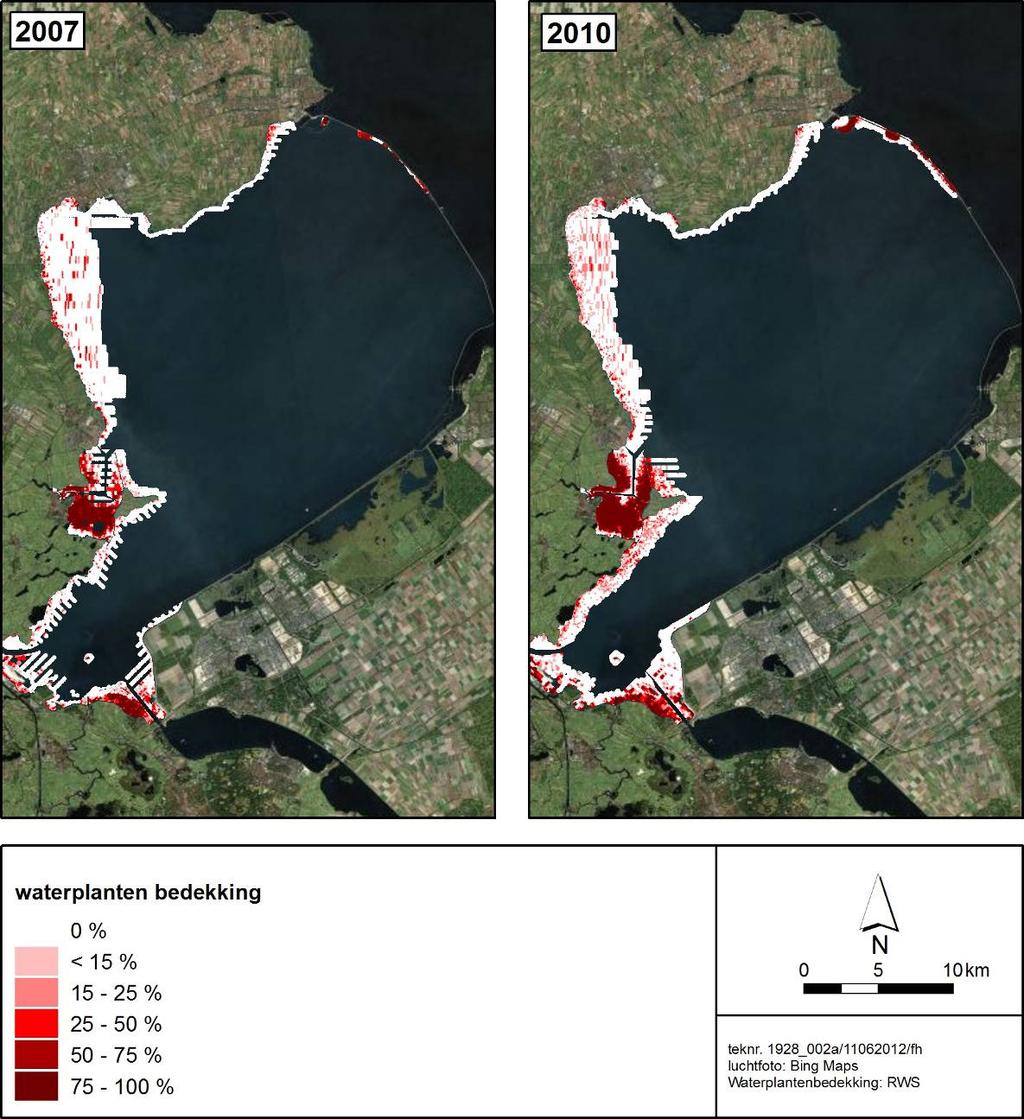 Afbeelding 3.3. Waterplanten in het Markermeer en IJmeer in 2007 en 2010.