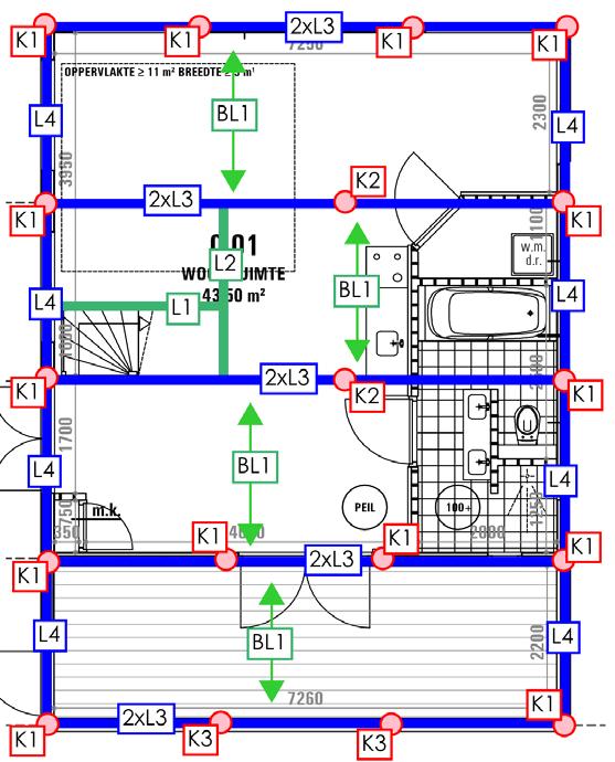 1 e Verdiepingsvloer Balklaag BL1: Ligger L1: Ligger L2: Ligger L3: Ligger L4: Kolommen K1 en K2: Kolom K3: CLS 38x140mm² (C24) hoh 400mm voorzien van een laag underlayment in halfsteensverband