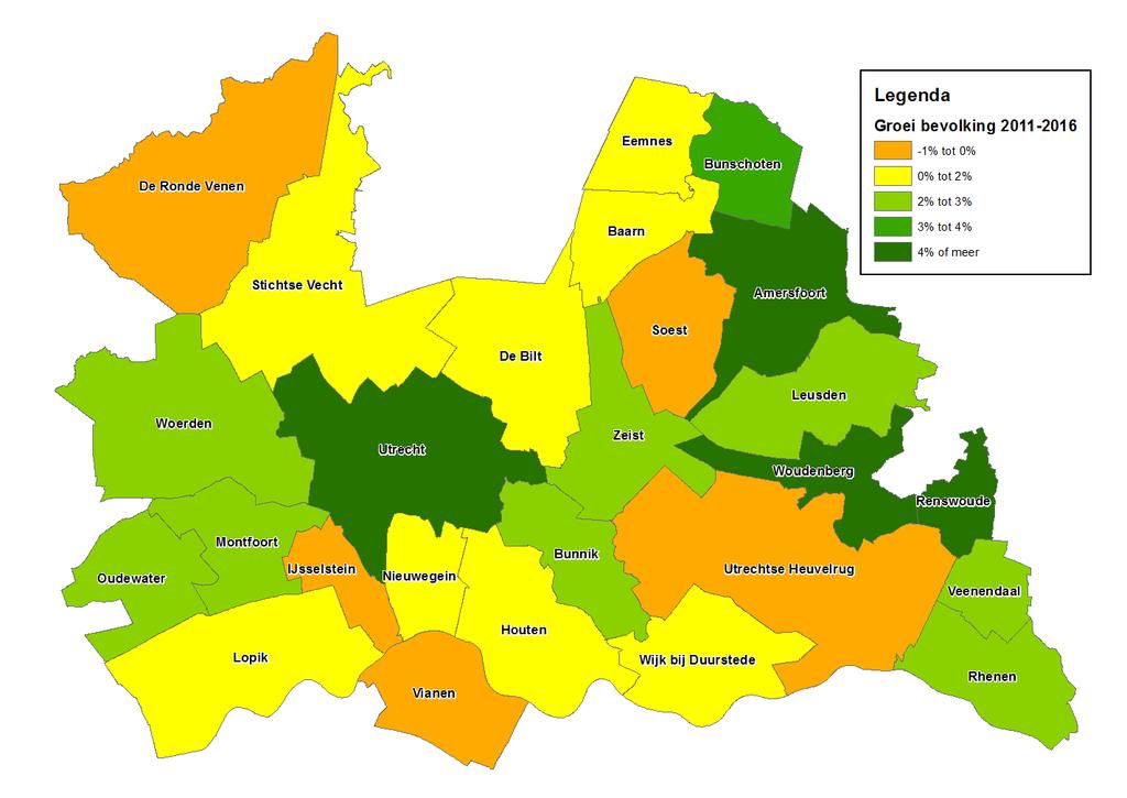 Onderstaande kaart geeft de groei van de bevolking per gemeente weer voor de periode 2011 tot 2016. De bevolking is het hardst gegroeid in de gemeenten,, Woudenberg en Renswoude.