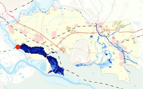 4.2.4 Ringdeel 4: Doorbraaklocatie Kandiagemaal Bij een overstroming van ringdeel 4 (Figuur 25) stroomt het water bij doorbraken bij tp-1d en tp door het rivierbed van de Oude Rijn richting het