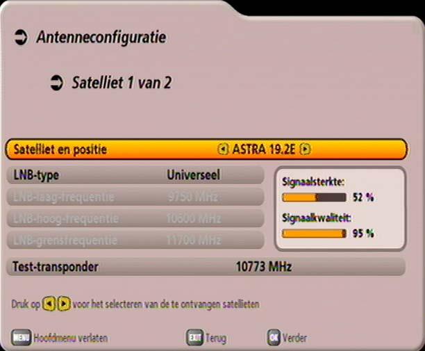 Technische aanhang onder Voorbeelden installaties met enkele kabel. Aantal satellieten Kies met den -toetsen hoeveel satellieten (max. 2) u met uw ontvangstinstallatie ontvangt.