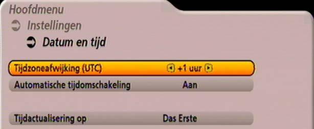 INSTELLINGEN DATUM EN TIJD Tijdzoneafwijking (UTC) Stel met de -toetsen de tijdzoneafwijking van de UTC (vroeger GMT) in (bijvoorbeeld voor Duitsland +1 uur).