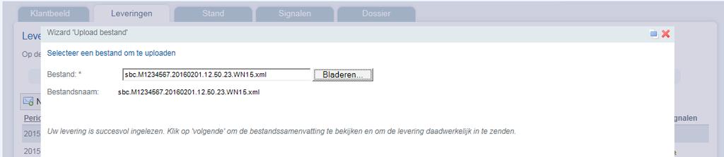 UPLOADEN BESTAND U klikt op het tabblad Leveringen. U gaat naar het tabblad Leveringen. Daar vindt u een overzicht van de gegevensleveringen die u reeds hebt aangemaakt. Klik hier op Upload.