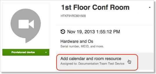 3. Het apparaatbeheerscherm voor uw Chromebox for meetingsapparaat verschijnt. Klik op Add calendar and room resource (Agenda en kamerbron toevoegen). 4.