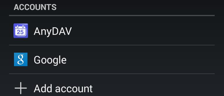 Het AnyDAV-account zal worden toegevoegd en het "AnyDAV"label zal verschijnen in de"accounts sectie in het