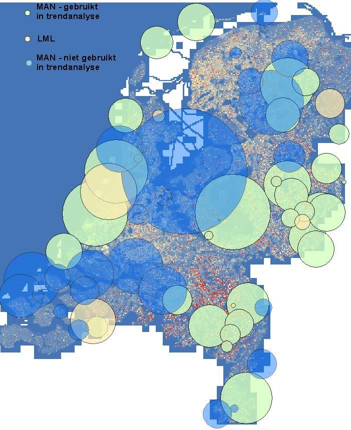 betrouwbare meetreeks. De MAN- en LML-gebieden die meegenomen zijn in de trendanalyse liggen in het oosten en zuiden van Nederland en in de duinen langs de kust (zie Figuur 7).