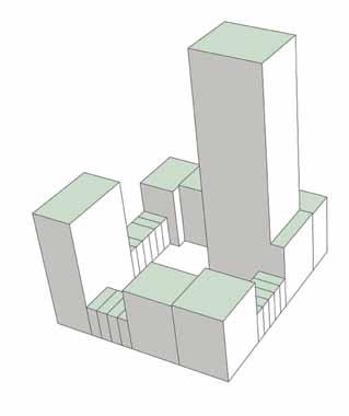 Gesloten bouwblok 12-25-45-90m 45m: middel hoogbouw De middelhoogbouw is gefixeerd op 45 meter.