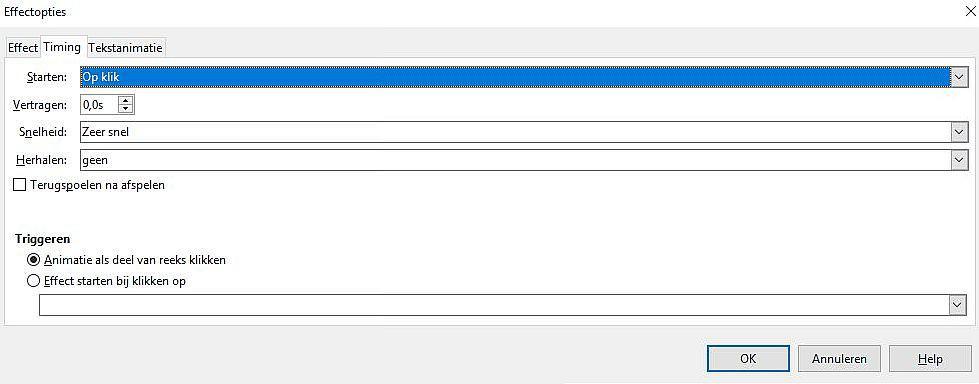 Afbeelding 10: Dialoogvenster Effectopties - tabblad Timing (verkleind) Opties tabblad Timing Specificeert de timing voor het huidige effect (Afbeelding 10).