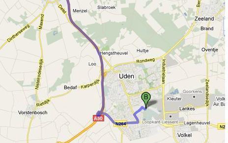 Graafsebaan/N265 Neem oprit naar de A50 Neem afslag 13-Volkel en voeg in op de Lippstadt-Singel/N264 richting Volkel/Uden-Zuid/Gennep.
