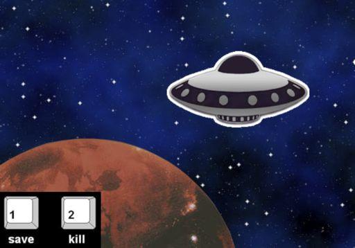 Door naar de spraakgeluiden te luisteren moet de speler beslissen of de UFO gered of vernietigd moest worden. Figuur 4 laat een screenshot zien van het spel.