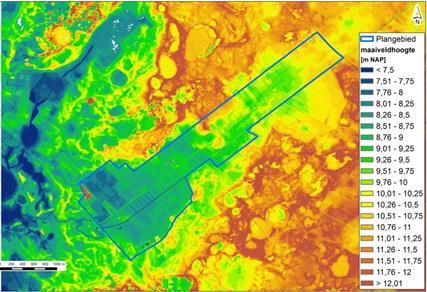 1.2.3. Hoogteligging De maaiveldhoogte is weergegeven in afbeelding 1.4. De lagere ligging van de landbouwenclave ten opzichte van het omringende natuurgebied is goed te zien.