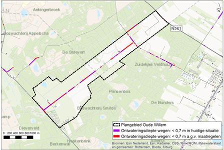 Wegen Voor de wegen geldt een ontwateringseis van 0,7 m. Afbeelding 2.7 toont de wegen waar niet aan de ontwateringseis wordt voldaan volgens de modelberekeningen.