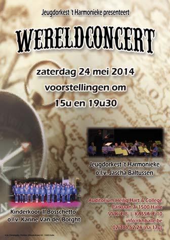 Wereldconcert op 24 mei 2014 Op 24 mei organiseerde Jeugdorkest t Harmonieke een Wereldconcert in het auditorium van het Heilig Hart & College. De twee voorstellingen werden druk bijgewoond.