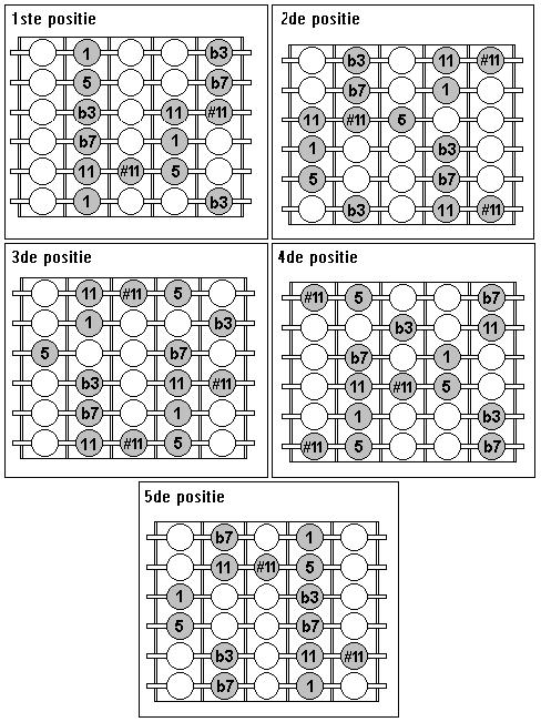 We kunnen dus ook starten vanaf elke toon uit de toonladder om een positie op de gitaarnek op te bouwen, de blue note krijgt geen eigen positie, daar deze een doorgangsnoot is tussen de 11de en 5de