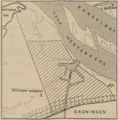 Het grootse plan voorziet in een haveningang ongeveer halverwege de huidige Eemshaven en het eiland Rottumeroog. (Afb. 8) De ontworpen haven ligt hier direct aan de diepe Oude Westereems.