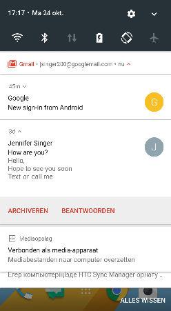 43 De eerste week met je nieuwe telefoon Meldingenvenster Meldingspictogrammen informeren je over nieuwe berichten, gebeurtenissen in de agenda, alarmen, en lopende activiteiten zoals het downloaden