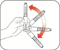 Stap 2: (Alleen voor troebele insuline) Rol de pen voorzichtig 10 keer. EN draai de pen 10 keer op en neer.