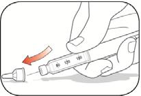 Na uw injectie Stap 14: Doe de buitenste naaldbeschermer voorzichtig terug op de naald Stap 15: Draai de afgedopte naald eraf en gooi deze weg zoals hieronder beschreven (zie Weggooien van pennen en