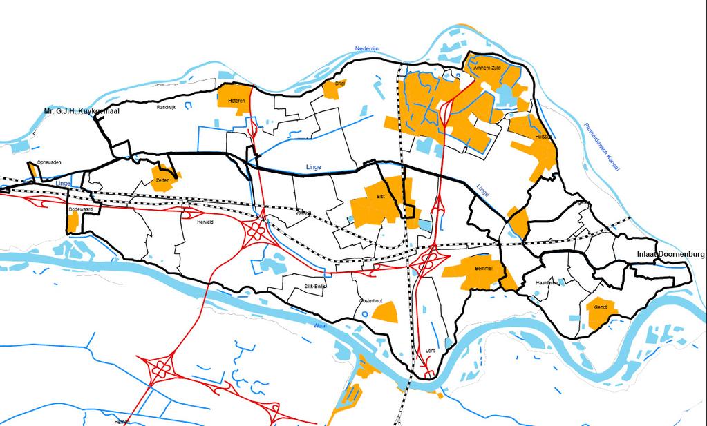 2. GEBIEDSBESCHRIJVING 2.1. Algemeen Dit hoofdstuk geeft een beschrijving van het gebied Over-Betuwe. De beschrijving richt zich op fysieke eigenschappen, zoals topografie, bodem en watersysteem. 2.2. Begrenzing en topografie Het gebied Over-Betuwe is gelegen in het zuiden van de provincie Gelderland.