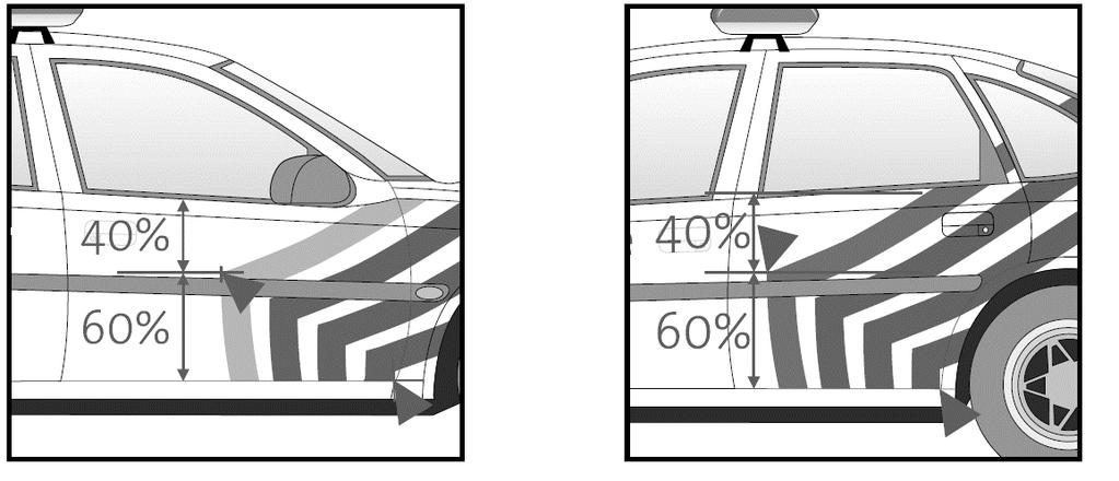 Bestek S&L/DA/2017/038 39/51 1.4. Motorkap 1.4.1. Twee strepen De bovenkant van de twee (gele) strepen moet gelijklopen met het denkbeeldige verlengde van het onderste deel van de tweede streep van de rechterflank van het voertuig.