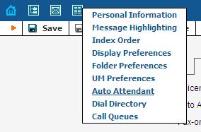 Klik op het meest rechter icoon ( ) en kies uit het submenu item [UM Preferences] en activeer de Auto Attendant in tabblad [Mode] en sla uw