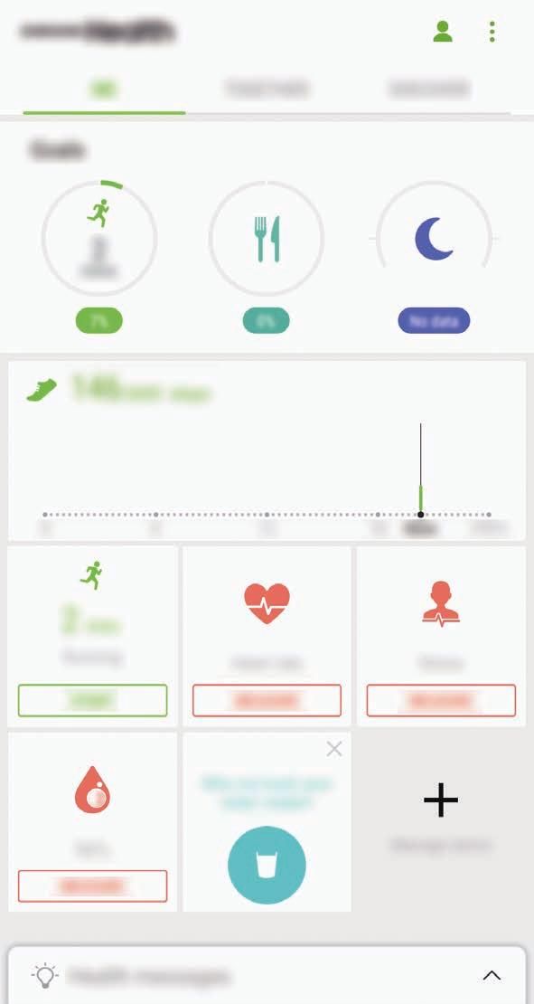 Apps en functies Samsung Health starten U kunt de belangrijkste informatie uit Samsung Health-menu's en trackers bekijken om uw gezondheid en fitness te controleren.