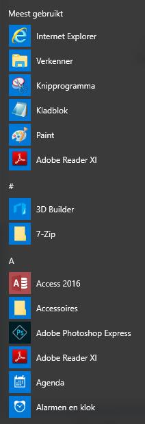 Startmenu (vervlg) Menu-achtige structuur met meest