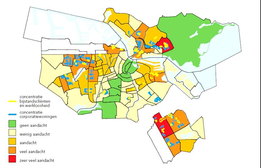 Amsterdamse probleemwijken op basis sociale problematiek naar buurtcombinatie en concentratie gebieden van sociale woningbouw (>98%), bijstandscliënten (>16,5%) en werklozen (>18,6%), 2007 bron: