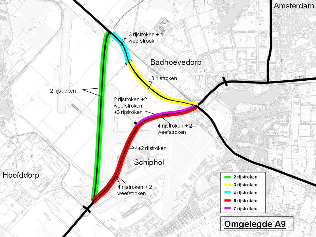 Uitgangspunten Tracébesluit 2012 Bij de omgelegde A9 wordt uitgegaan van de volgende rijstrookconfiguratie, zie tabel 3.