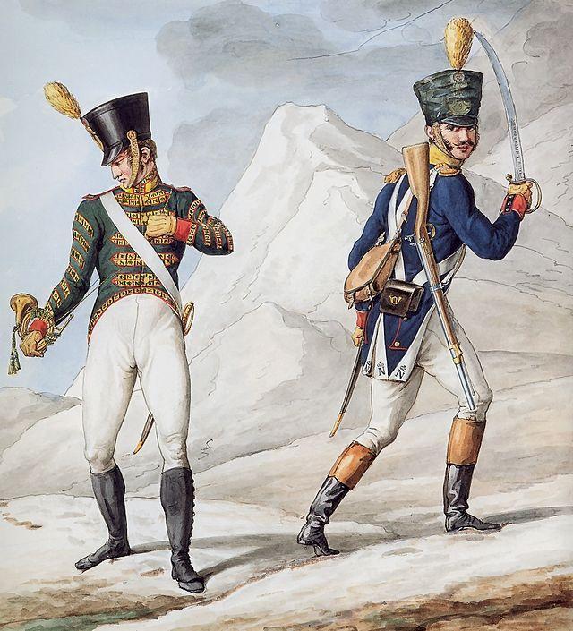 keizerlijke adelaar en een gekroonde N. Ook de Hollandse regimenten die waren opgenomen in het Franse leger vanaf 1810 droegen deze uniformen.