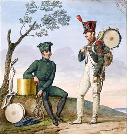 Boven links: Boven rechts: Onder links: Onder rechts: Tamboer-majoor en Korporaal-tamboer van de Franse infanterie van linie.