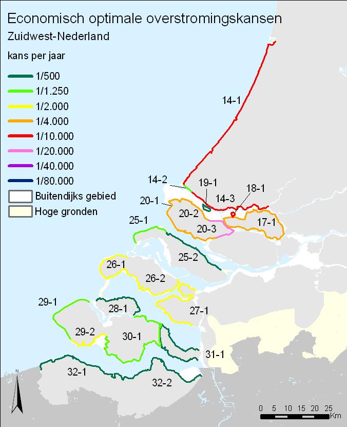 5.1.4 Zuidwest-Nederland Basisvariant De voor de basisvariant berekende economisch optimale overstromingskansen voor dijkringdelen in Zuidwest-Nederland zijn weergegeven in Figuur 5.