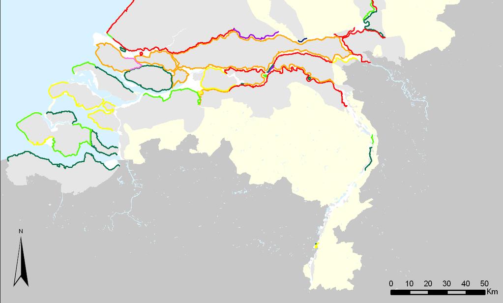 In het benedenrivierengebied en Centraal Holland zijn de economisch optimale overstromingskansen voor de meeste dijkringen tussen 1/4000 en 1/10.000 per jaar.