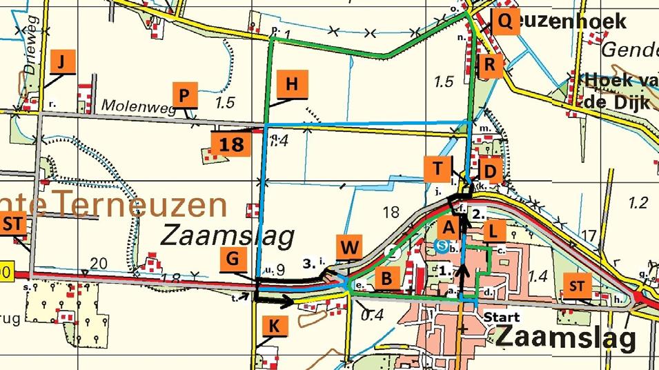 Uitleg Sportklasse, deel 1 Kaartfragment Zaamslag, Pijlenrit kortste route van S naar F. Van start over pijl 1 en 2 naar de voet van pijl 3 over de blauwe route a b f j k m q u t e i.