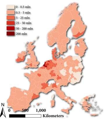 Figuur 29. Gevolgen voor heel Europa bij een overstroming met kans van 1/1.000 per jaar van de olie- en chemiesector in de Botlek Pijpleidingen Ca.