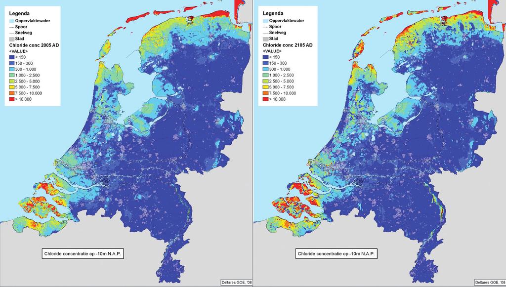 Het zoutgehalte (in mg Cl- per liter) op NAP 10 meter nu en over 100 jaar, uitgaande van 1 meter zeespiegelstijging, de maximale bodemdaling volgens WB21 en een hogere rivierwaterstand. 3.