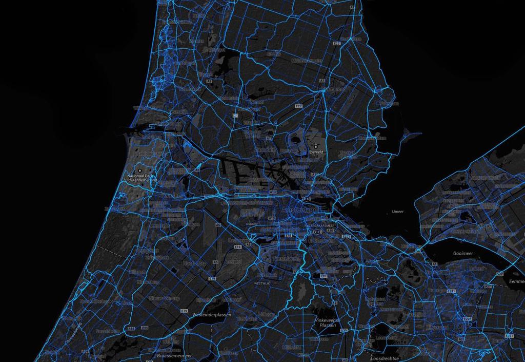 Figuur 4 a en b Strava heatmap op 22-9-2014, op basis van 77 miljoen gegeotaggede fietstochten